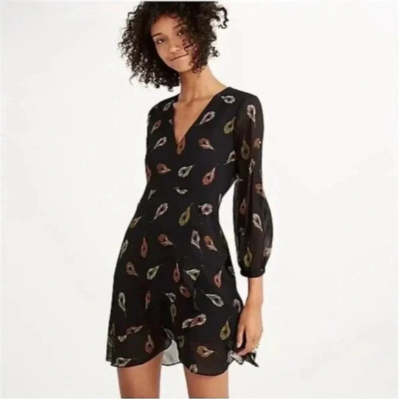 Madewell Black Poppy Wrap Long Sleeve Peacock Mini Dress - Picture 3 of 11
